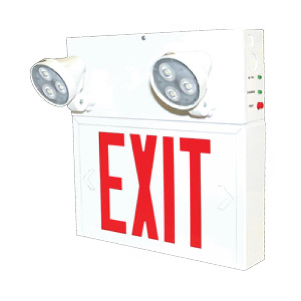 EXIT COMBO STEEL 6V 36W WITH 2 PAR18 2W LED HEADS WHITE UNIVERSAL MOUNT 120/347V INPUT