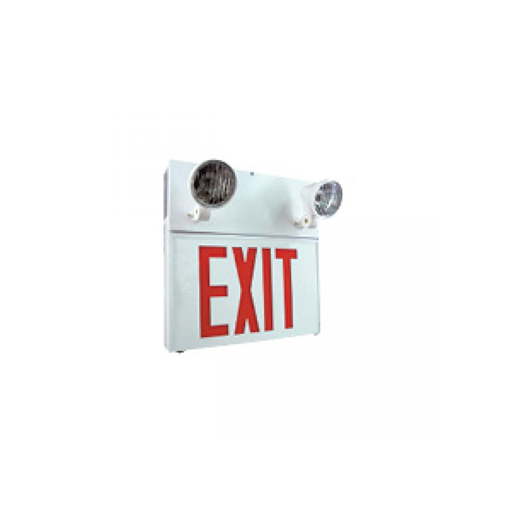 EXIT COMBO STEEL 6V 36W WITH 2 PAR18 9W TUNGSTEN HEADS WHITE UNIVERSAL M OUNT 120/347V INPUT