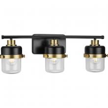  P300424-31M - Beckner Collection Three-Light Matte Black Clear Glass Urban Industrial Bath Light with Vintage Bras