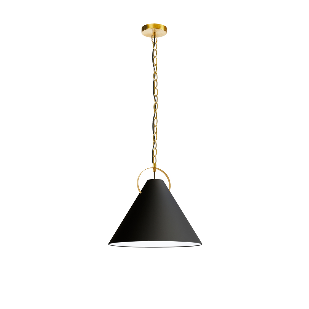 1 Light Incandescent Pendant, Aged Brass with Black Shade