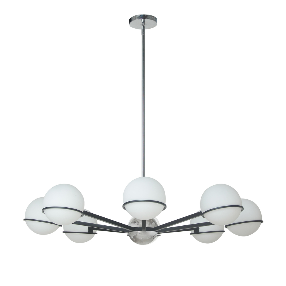 8 Light Halogen Chandelier, Matte Black / Polished Chrome with White Opal Glass