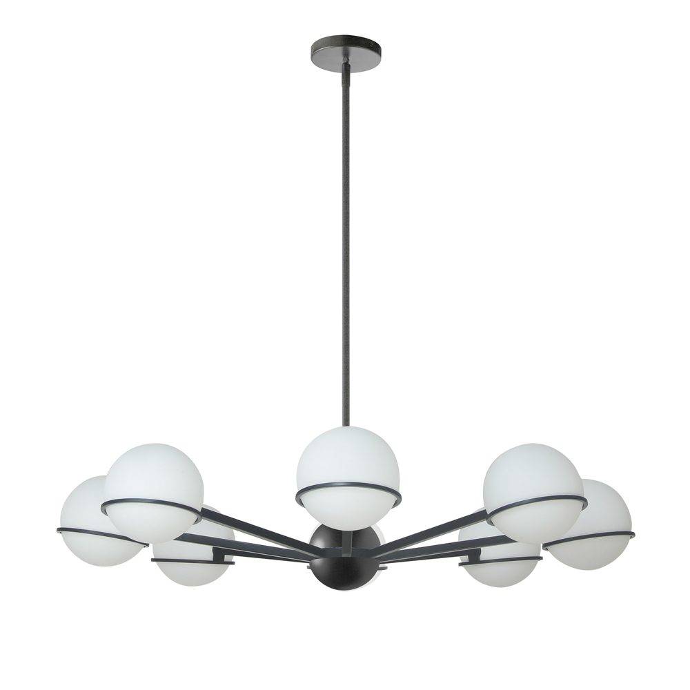 8 Light Halogen Chandelier, Matte Black with White Opal Glass