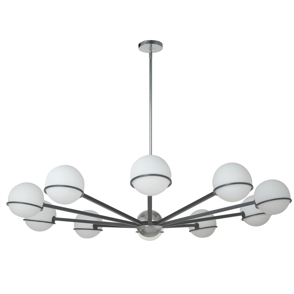 10 Light Halogen Chandelier, Matte Black / Polished Chrome with White Opal Glass