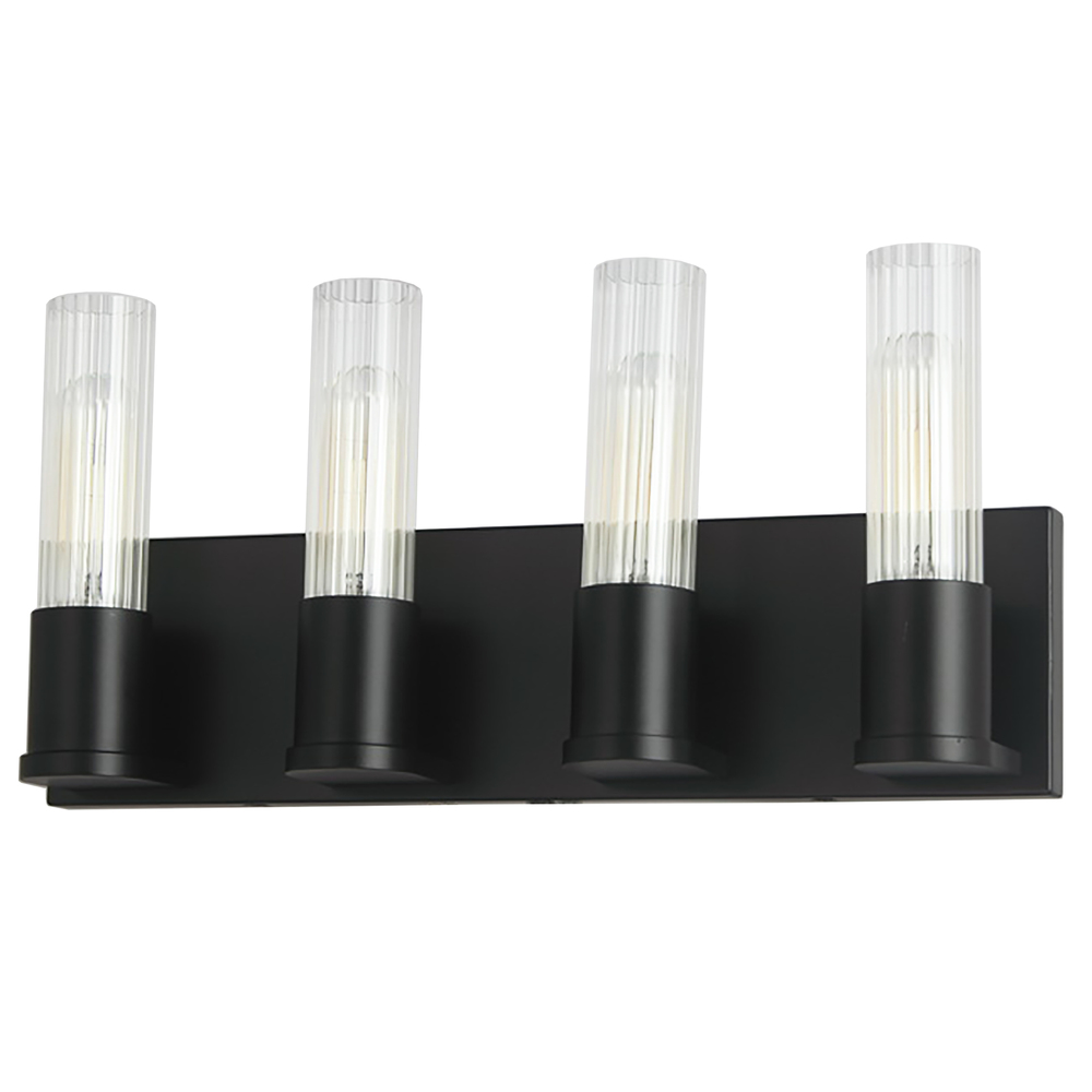 4 Light Incandescent Vanity, Matte Black w/ Clear Fluted Glass