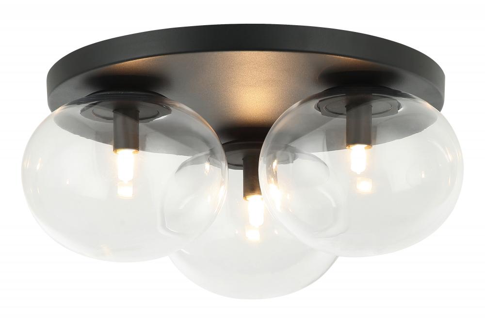 3 LT 16"DIA "BULBUS" MATTE BLACK CEILING MOUNT / CLEAR GLASS G9 LED 10W