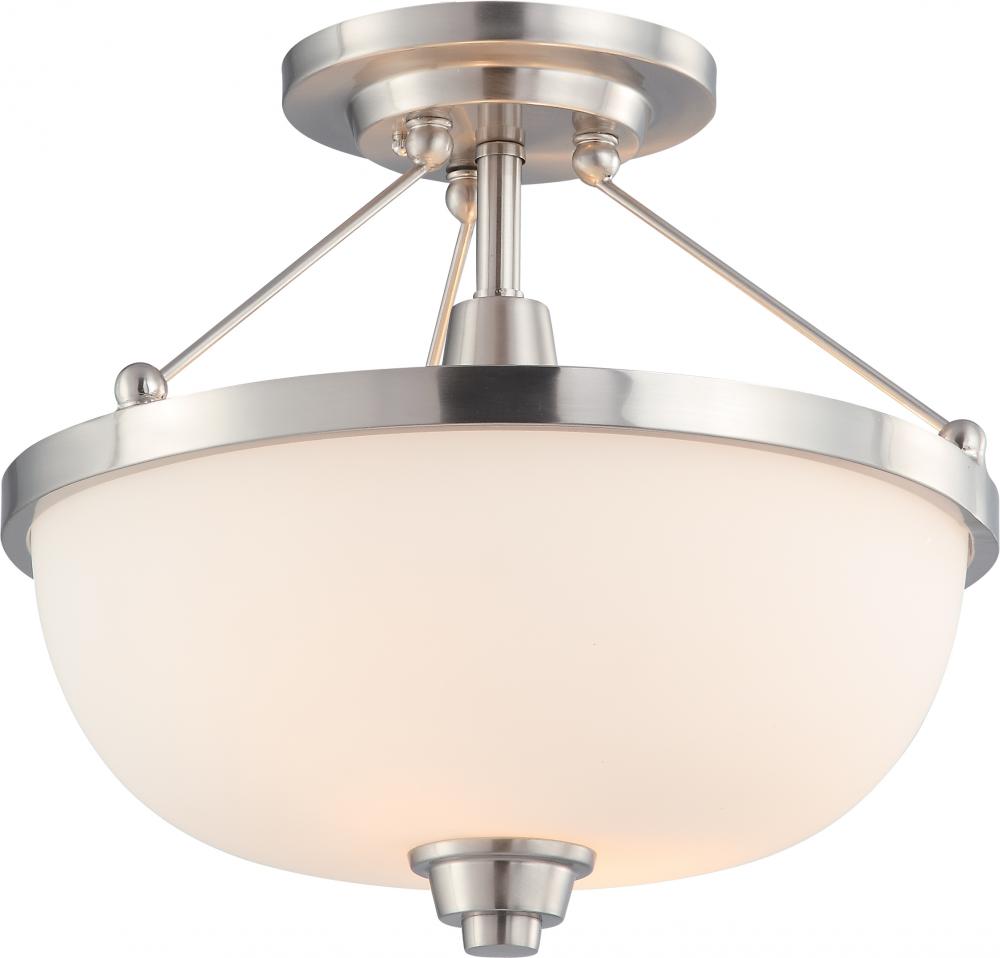 Helium - 2 Light Semi Flush with Satin White Glass - Brushed Nickel Finish