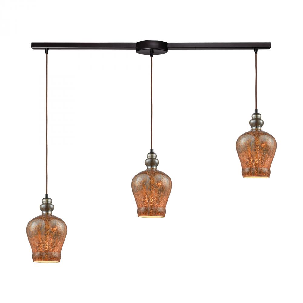 Sojourn 3-Light Linear Mini Pendant Fixture in Oiled Bronze with Fiery Lava Glass